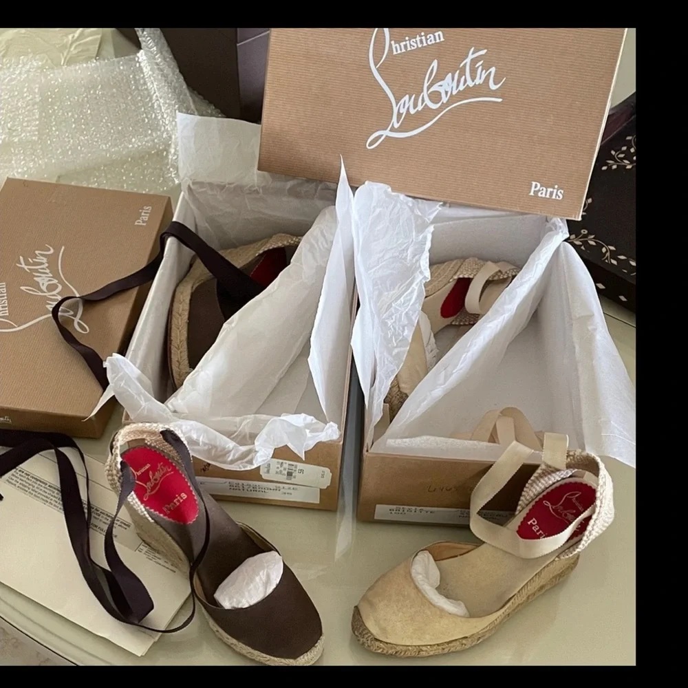 2 pair Christian Louboutin Brown Espadrille Flats with Ankle Ties